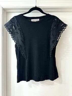Catherine Malandrino Black Crochet Lace Cap Sleeve Top, Size Large